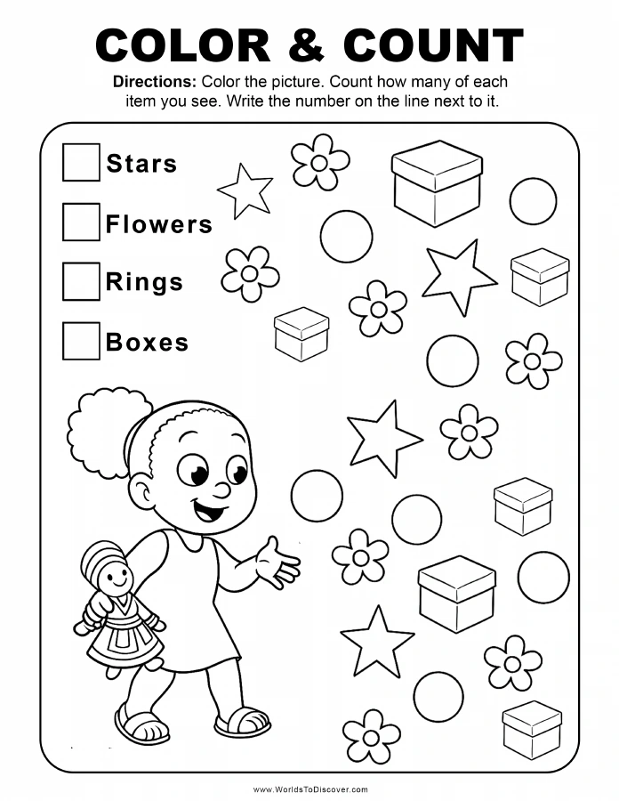 Baby Princess color-and-count printable activity