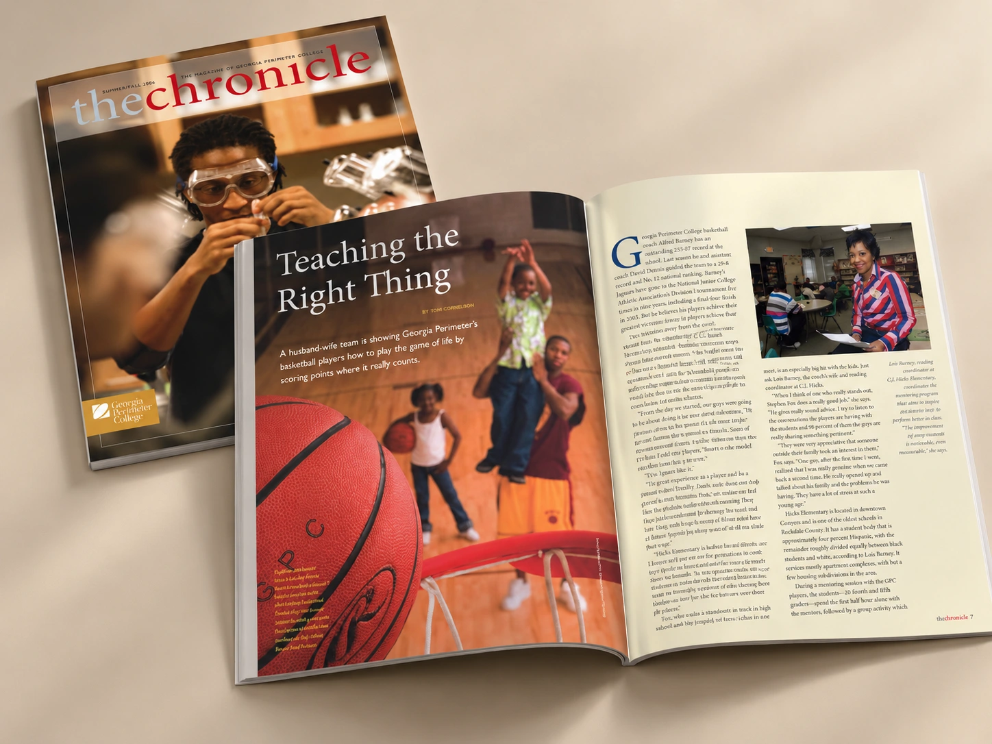 The Chronicle magazine cover and Teaching the Right Thing editorial spread for Georgia Perimeter College