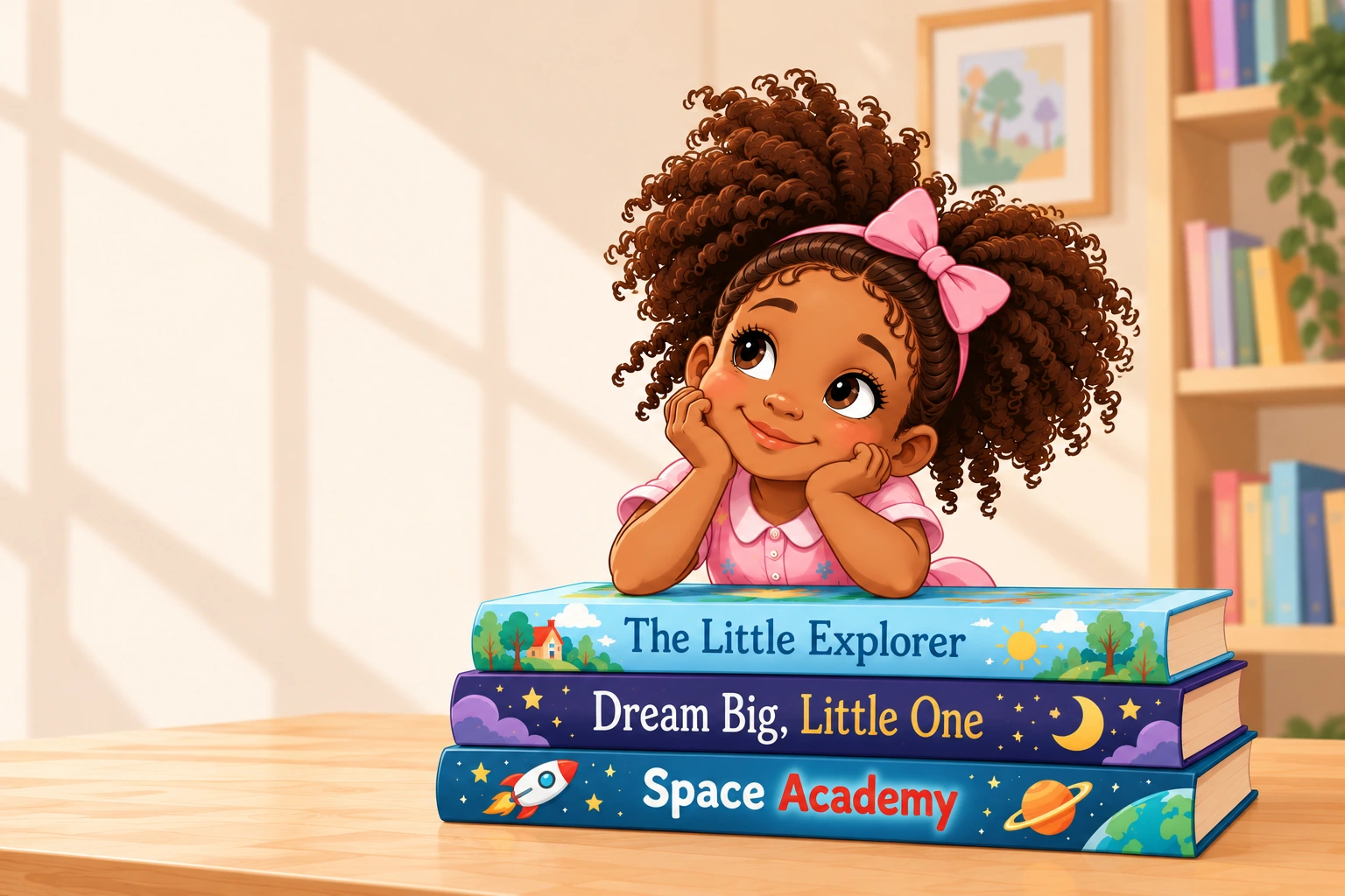 A little girl with curly hair and a pink bow dreaming over a stack of colorful storybooks in a sunlit reading room