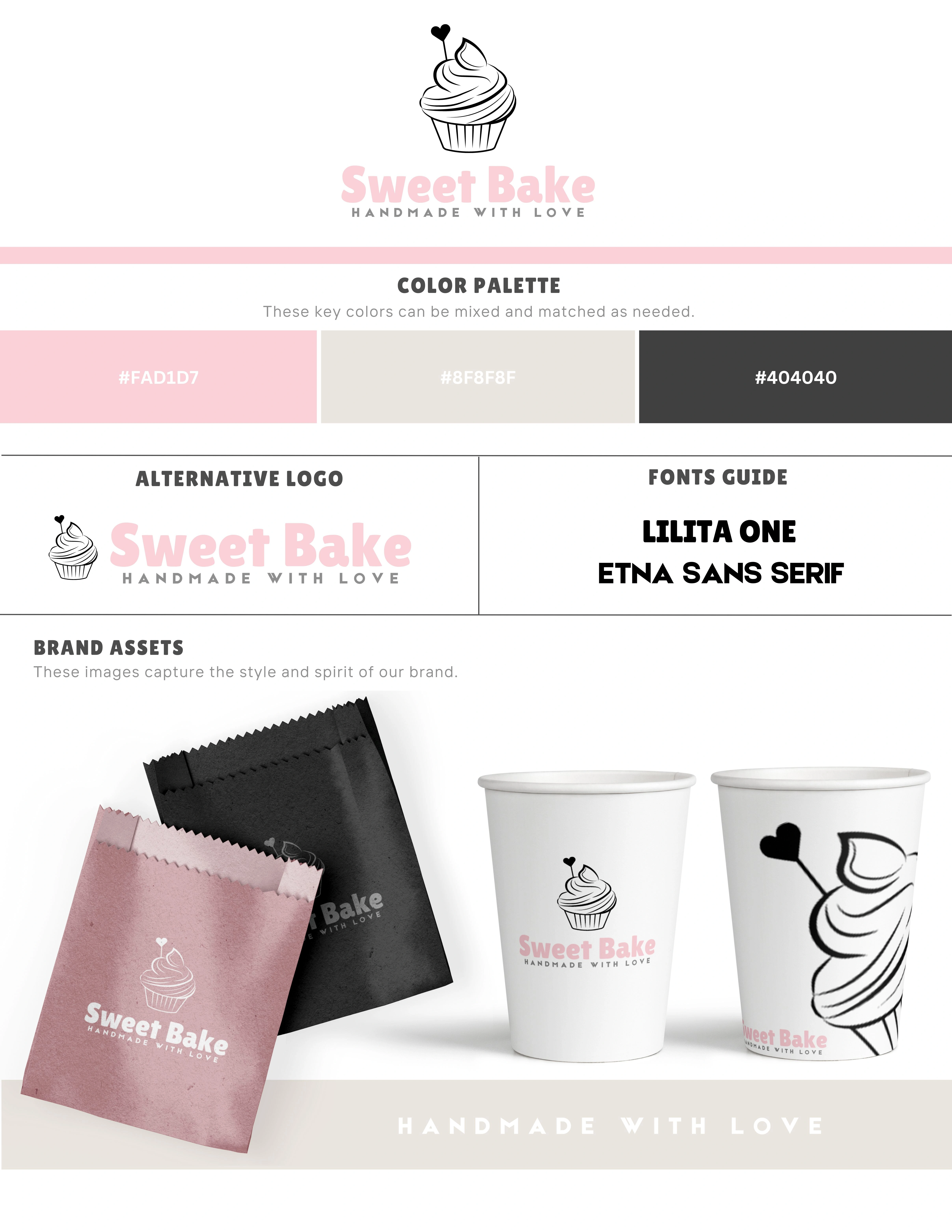 Sweet Bake brand sheet showing primary and alternative logos, color palette, typography, and packaging applications