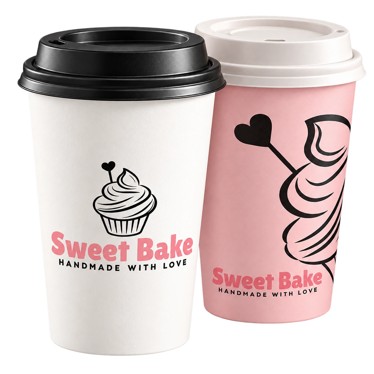 Sweet Bake white and pink takeaway cups with cupcake branding